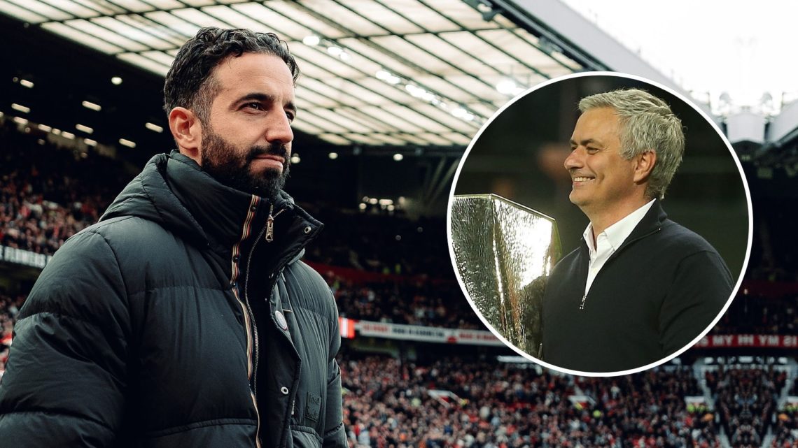 Ruben Amorim, and inset Jose Mourinho as Man Utd boss in 2017 looking happy