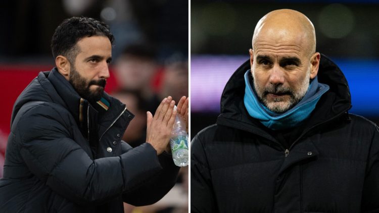 Ruben Amorim clapping, Pep Guardiola split image