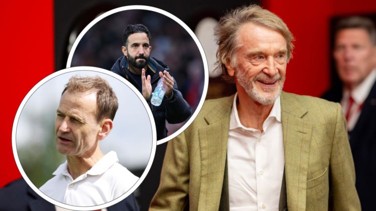 Sir Jim Ratcliffe smiles, inset, Ruben Amorim claps, inset, Dan Ashworth headshot