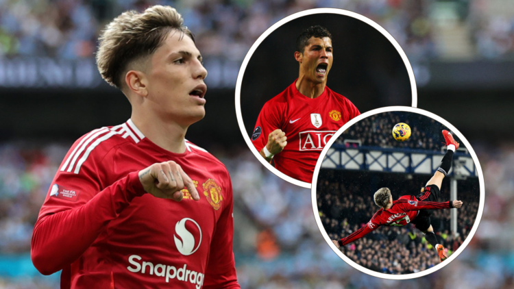 Alejandro Garnacho celebrates goal, inset Cristiano Ronaldo celebrates for United 2009, inset Garnacho scores bicycle kick