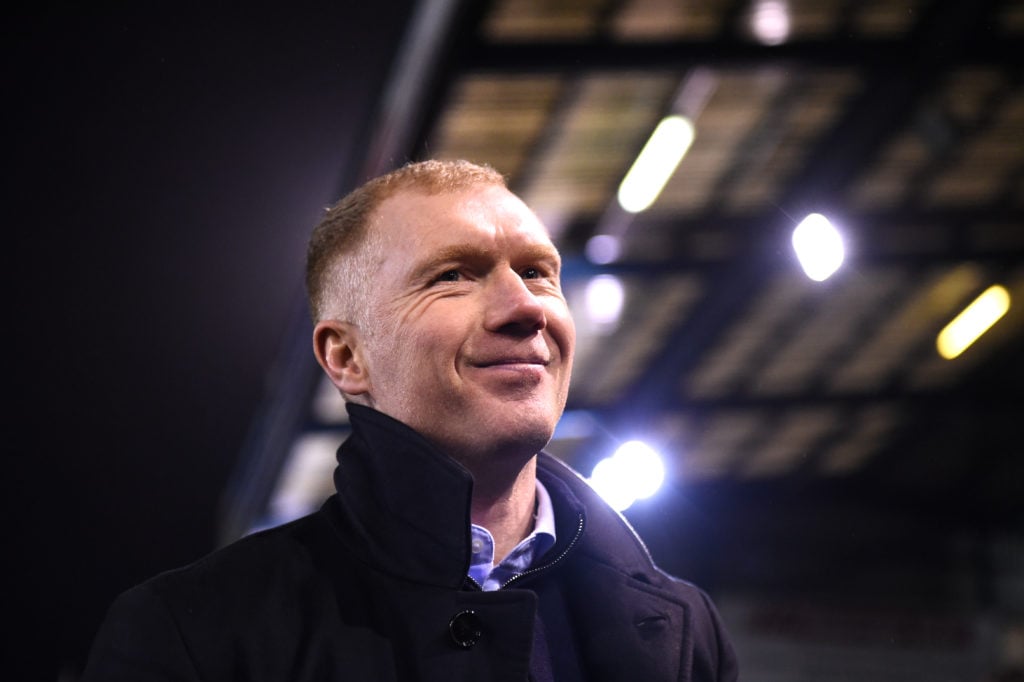 Manchester United legend and TNT Sports pundit Paul Scholes ahead of the Sky Bet League Two match between Oldham Athletic and Yeovil Town at Boundary Park in 2019 in Oldham, England.