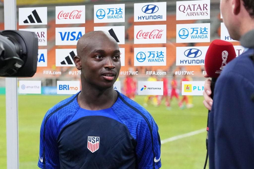 Nimbhanda Berchimas of the United States speaks to the media in a flash interview after the team's victory during the FIFA U-17 World Cup Group E match between ...