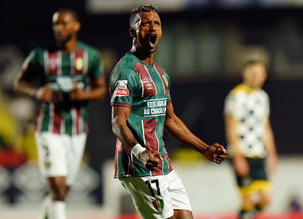 New signing Luis Nani of CF Estrela da Amadora celebrates after scoring a goal during the Liga Portugal Betclic match between CF Estrela da Amadora...