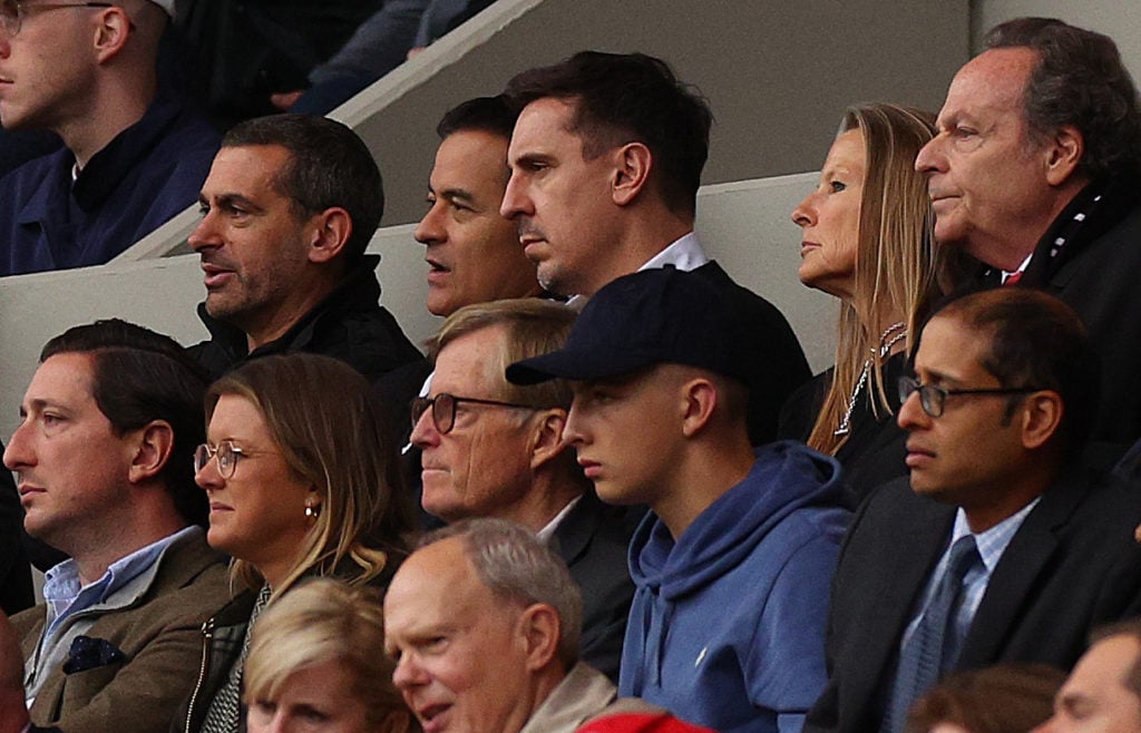 Gary Neville, former Manchester United and England footballer, (centre of top row) is pictured in the crowd during the Sky Bet League One match bet...