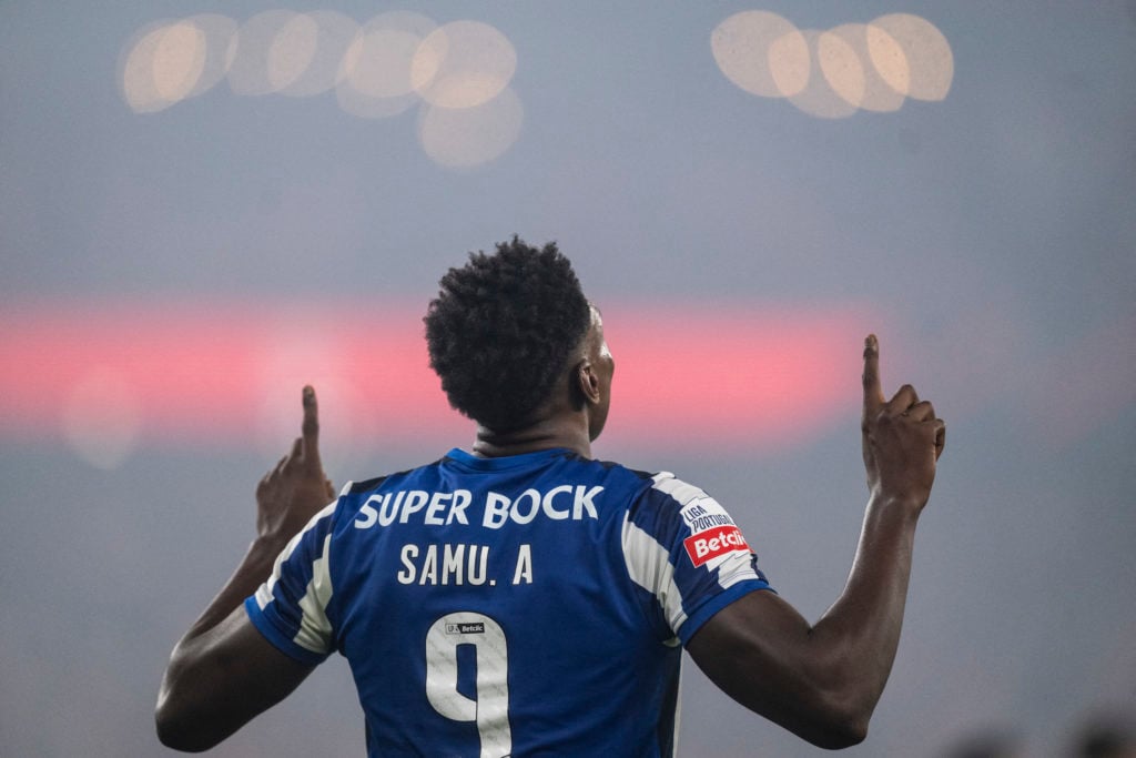 Porto's Spanish forward #9 Samu Aghehowa celebrates after scoring their first goal during the Portuguese League football match between SL Benfica a...