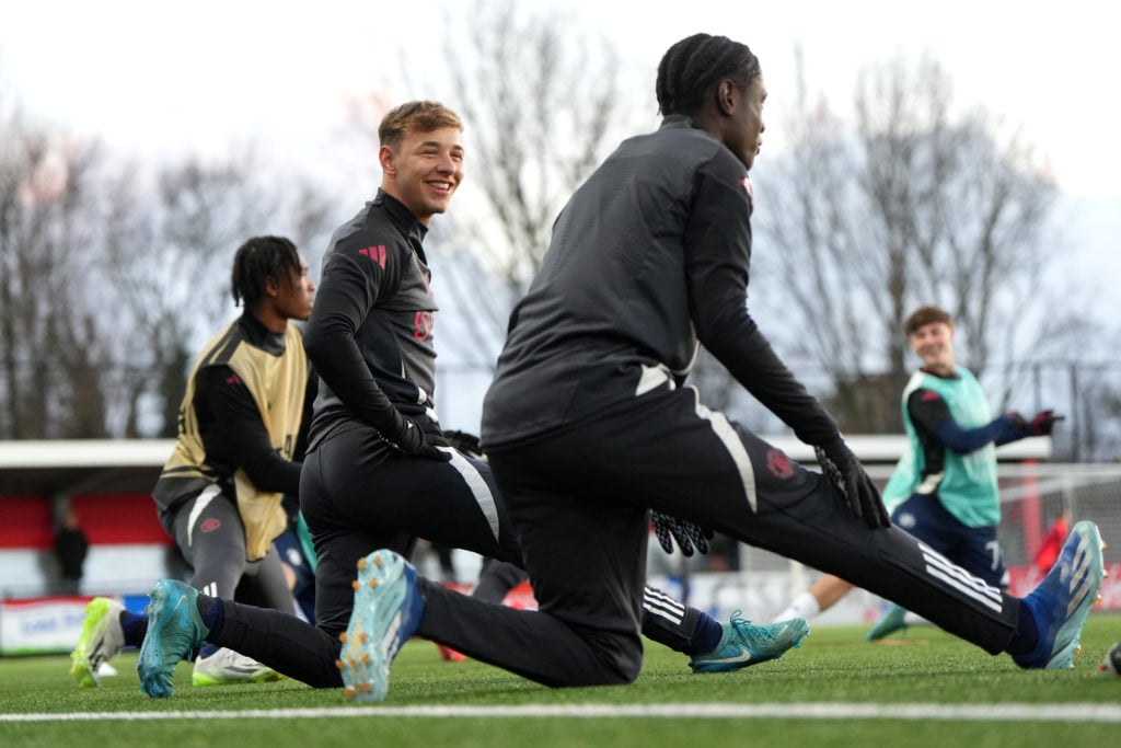 Amir Ibragimov #88 of Manchester United U19 stretches ahead of a match against AZ Alkmaar U19 at AZ Training Centre on November 26, 2024 in Alkmaar...