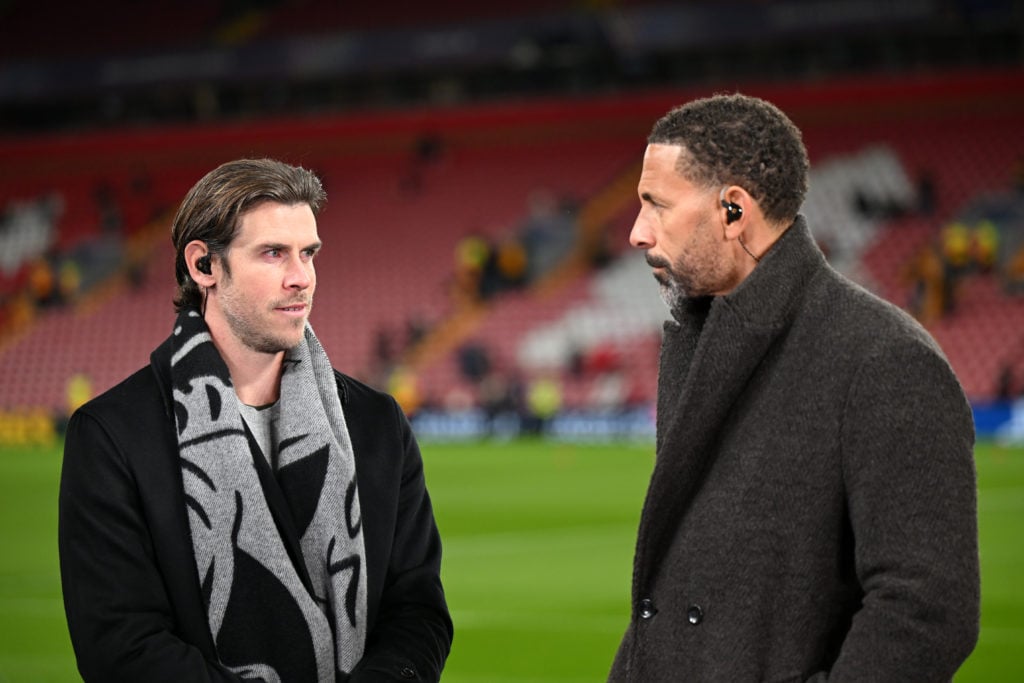 Gareth Bale, Former Real Madrid Footballer, interacts with Rio Ferdinand, former footballer and tv pundit prior to the UEFA Champions League 2024/2...