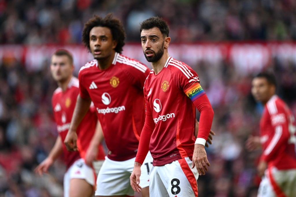 The rainbow armband is seen on the arm of Bruno Fernandes of Manchester United during the Premier League match between Manchester United FC and Eve...