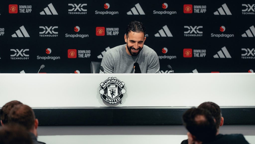 Head Coach Ruben Amorim of Manchester United speaks during a press conference at Old Trafford on December 02, 2024 in Manchester, England.