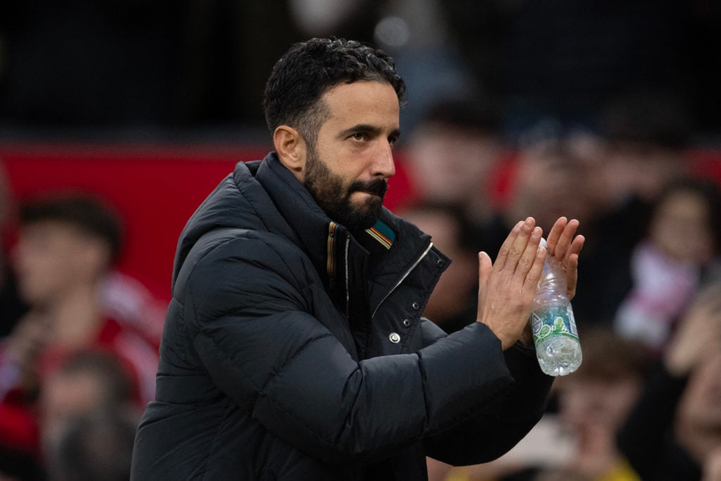 Ruben Amorim, Head Coach of Manchester United, acknowledges the fans following the Premier League match between Manchester United FC and Everton FC...