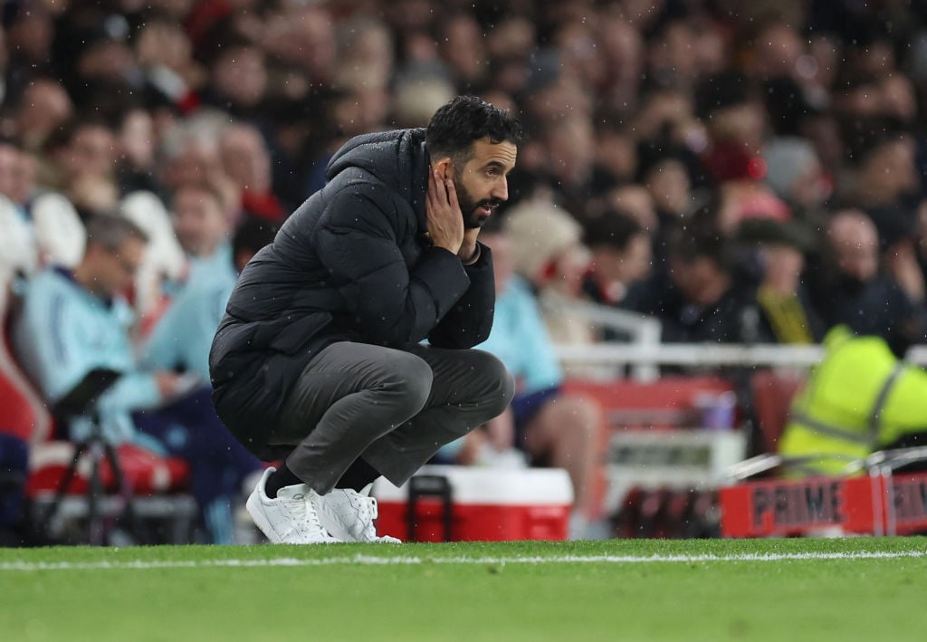 Ruben Amorim Manager / Head Coach of Manchester United reacts during the Premier League match between Arsenal FC and Manchester United FC at Emirat...