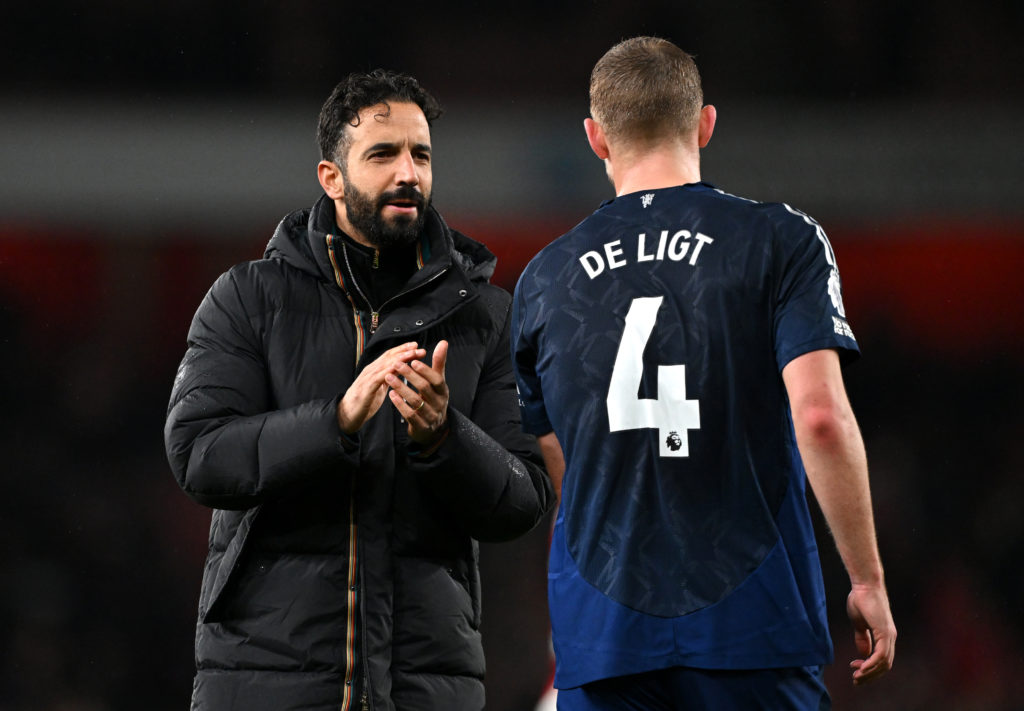 Manchester United head coach Ruben Amorim talks to Manchester United's Matthijs de Ligt as he applauds the fans after the Premier League match...