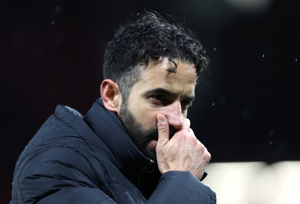 Ruben Amorim, Head Coach of Manchester United, looks dejected after defeat to Nottingham Forest during the Premier League match between Manchester ...