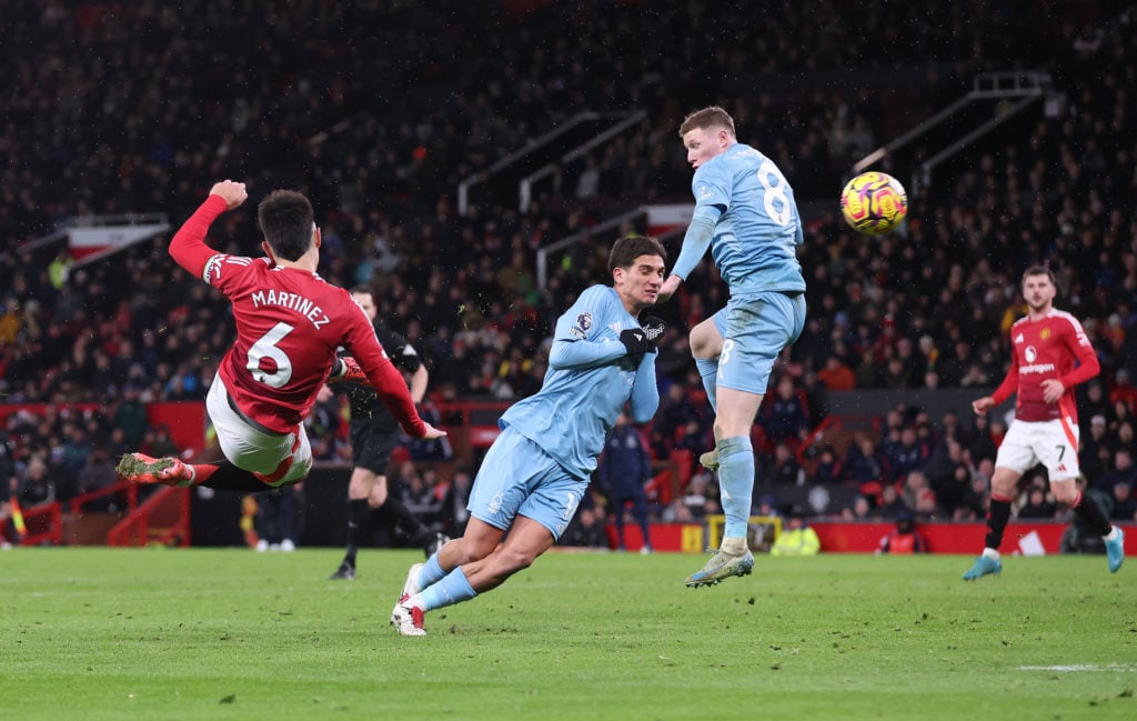 Lisandro Martinez of Manchester United shoots wide during the Premier League match between Manchester United FC and Nottingham Forest FC at Old Tra...