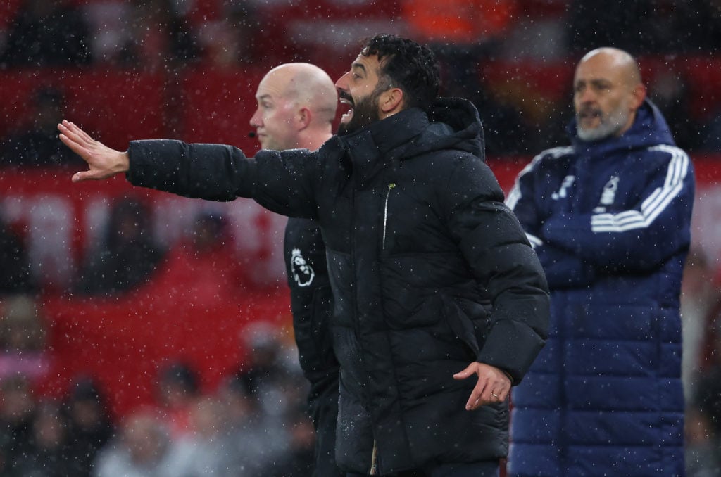 Ruben Amorim, Head Coach of Manchester United, react during the Premier League match between Manchester United FC and Nottingham Forest FC at Old T...