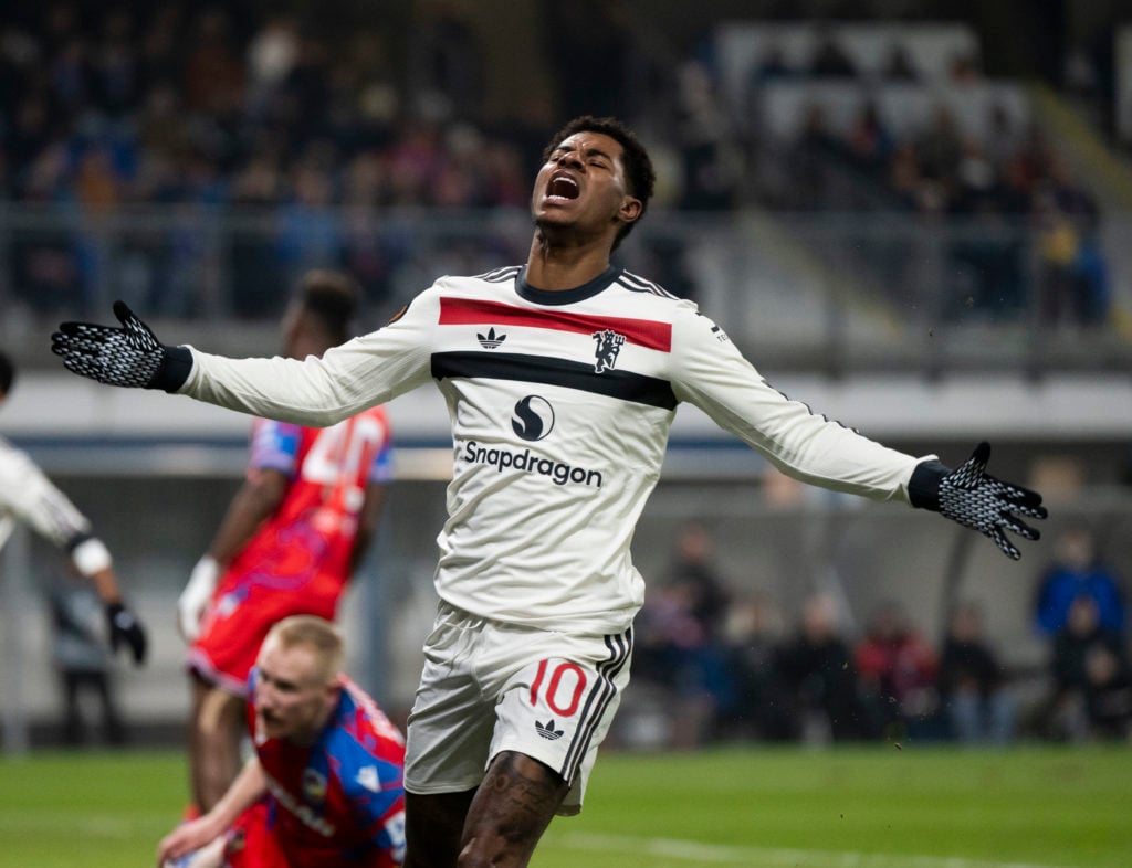 Marcus Rashford of Manchester United reacts during the UEFA Europa League 2024/25 League Phase MD6 match between FC Viktoria Plzen and Manchester U...