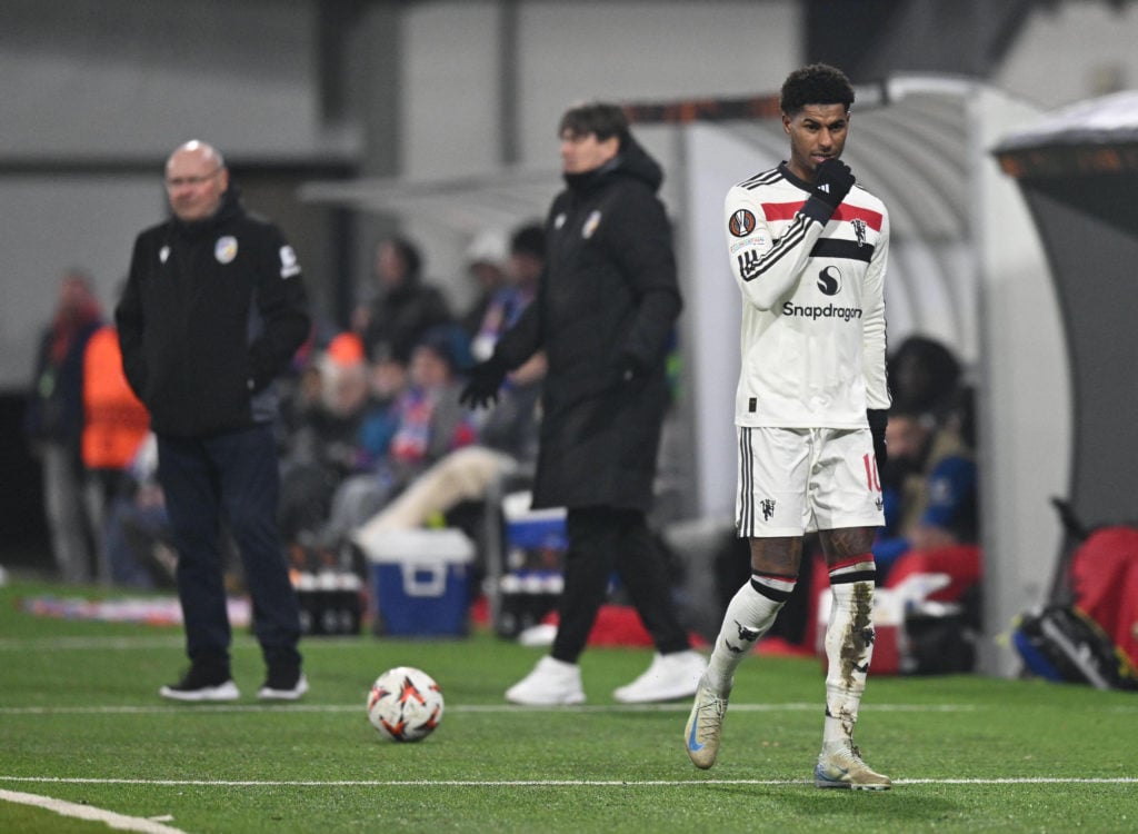 Marcus Rashford of Manchester United reacts after being substituted off during the UEFA Europa League 2024/25 League Phase MD6 match between FC Vik...