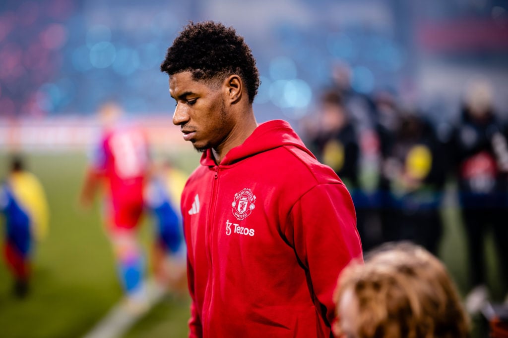 Marcus Rashford of Manchester United enters the pitch prior to the UEFA Europa League 2024/25 League Phase MD6 match between FC Viktoria Plzen and ...