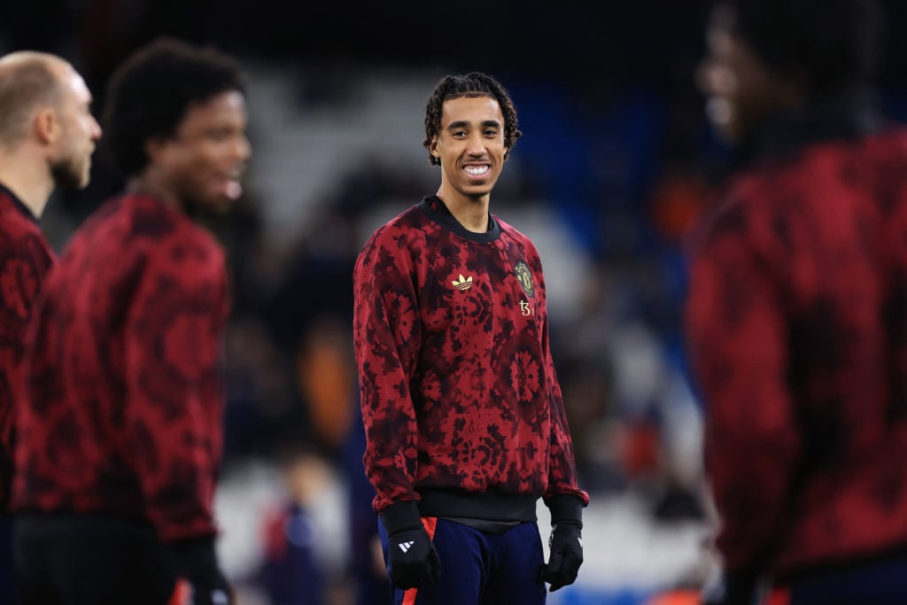 Leny Yoro of Manchester United laughs and smiles before the Premier League match between Manchester City FC and Manchester United FC at Etihad Stad...