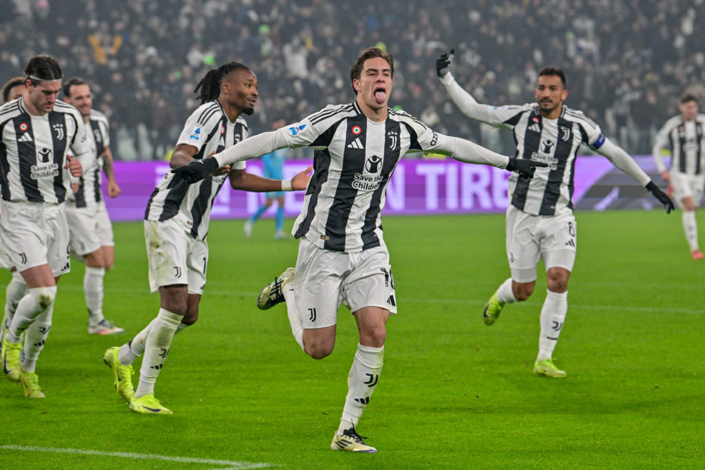 Kenan Yildiz of Juventus, celebrates a score during the