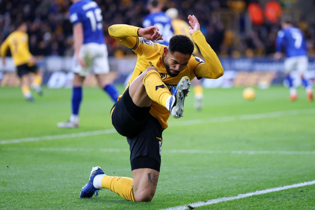 Matheus Cunha of Wolves reacts after a missed chance during the Premier League match between Wolverhampton Wanderers FC and Ipswich Town FC at Moli...