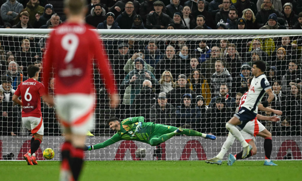 Manchester United's Turkish goalkeeper #01 Altay Bayindir concedes a third goal, from Tottenham Hotspur's English striker #19 Dominic Solanke (R), ...