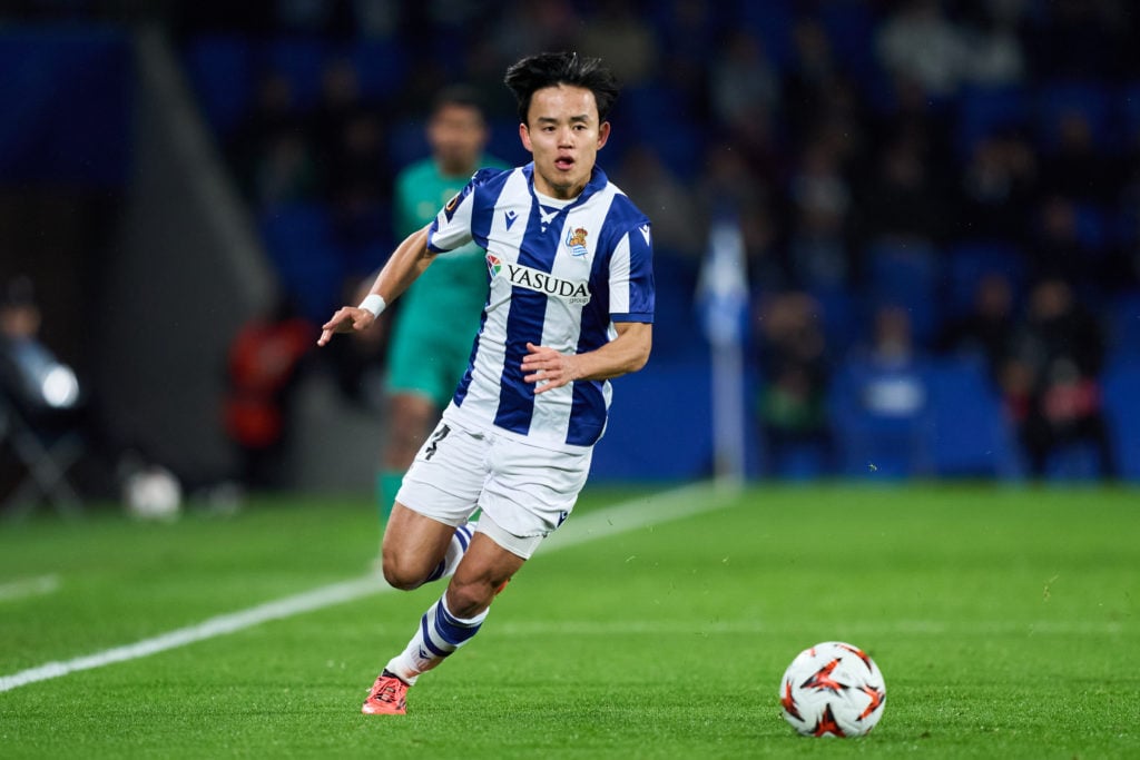 Takefusa Kubo of Real Sociedad in action during the UEFA Europa League 2024/25 League Phase MD6 match between Real Sociedad de Futbol and FC Dynamo...