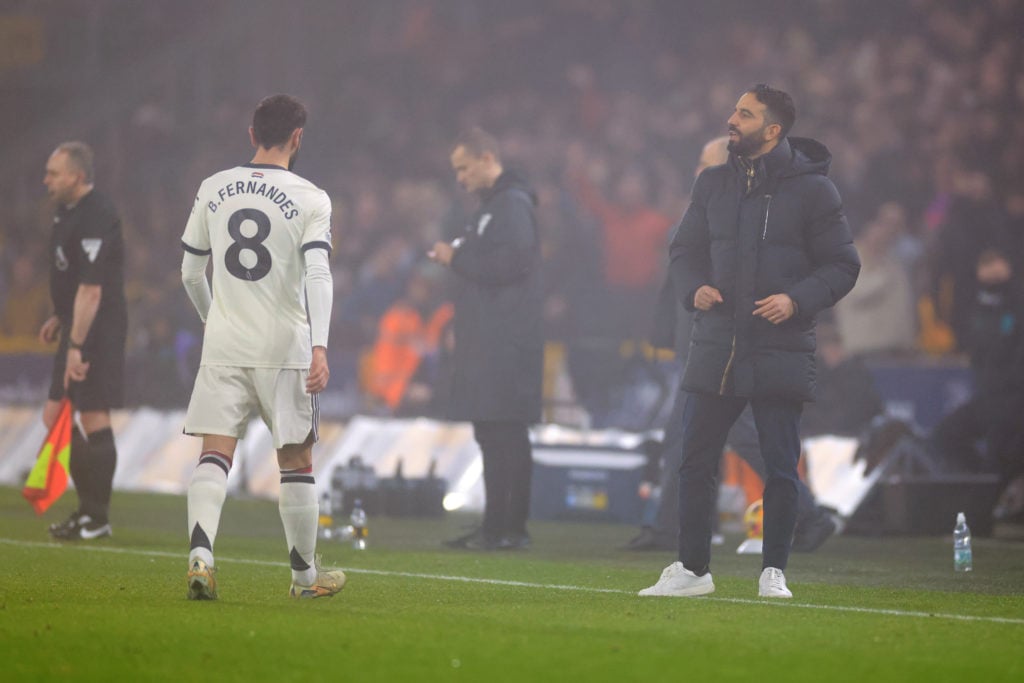 Manchester United manager Ruben Amorim looks on Bruno Fernandes of Manchester United leaves the pitch after being shown red card during the Premier...