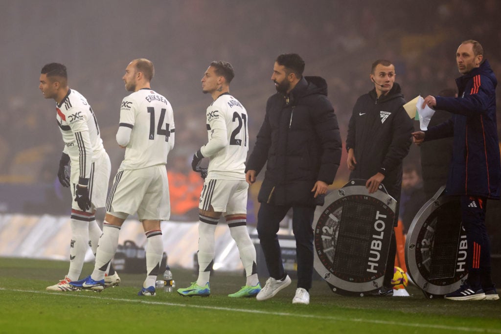 Manchester United manager Ruben Amorim prepares a triple substitution of Anthony, Christian Eriksen and Casemiro during the Premier League match be...