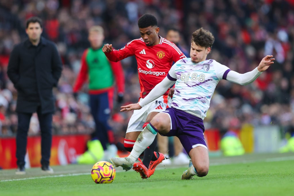 Amad Diallo of MAnchester United battles for possession with Milos Kerkez of AFC Bournemouth during the Premier League match between Manchester Uni...