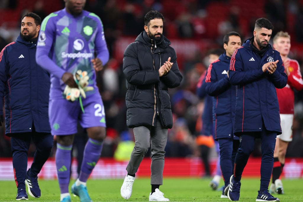 A dejected Ruben Amorim the head coach / manager of Manchester United walks off at full time during the Premier League match between Manchester Uni...