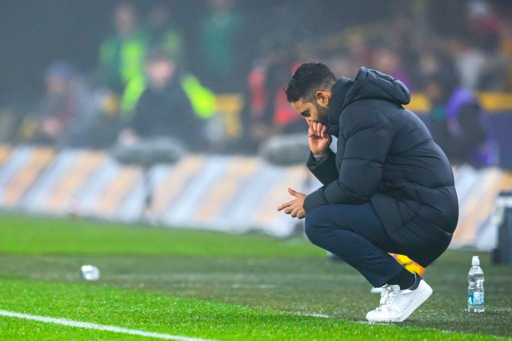 Manchester United manager Ruben Amorim reacts during the Premier League match between Wolverhampton Wanderers FC and Manchester United FC at Moline...