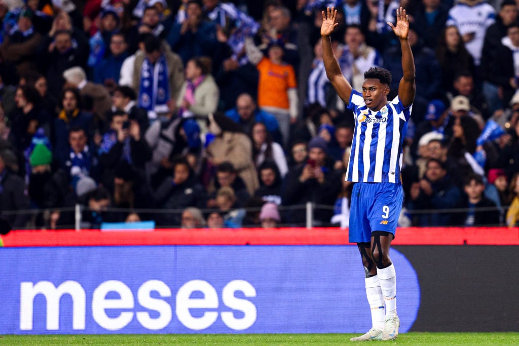 Samu Omorodion of FC Porto celebrates after scoring his team's forth goal during the Liga Portugal Betclic match between FC Porto and Boavista FC a...