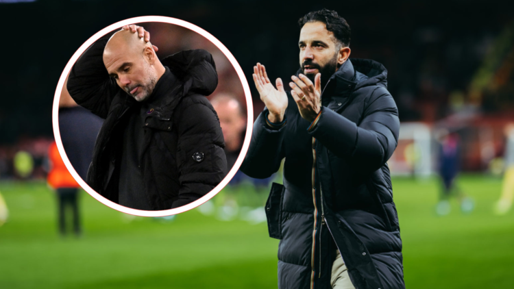 Ruben Amorim applauds at Old Trafford,inset Pep Guardiola scratches bald head