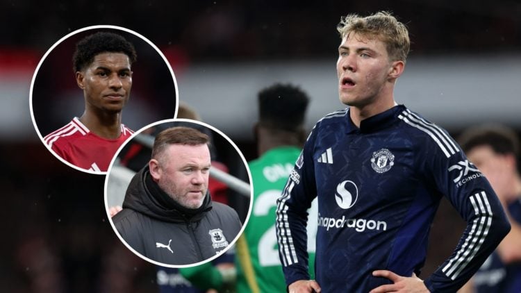 Rasmus Hojlund with Marcus Rashford and Wayne Rooney inset.