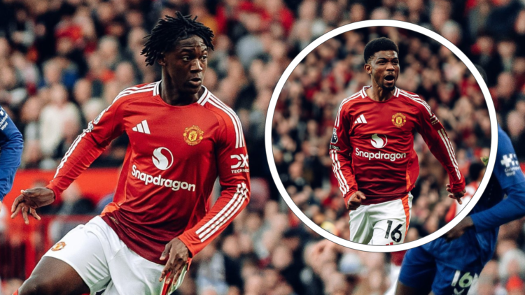 Kobbie Mainoo wearing red Man Utd kit playing at Old Trafford, inset, Amad celebrates