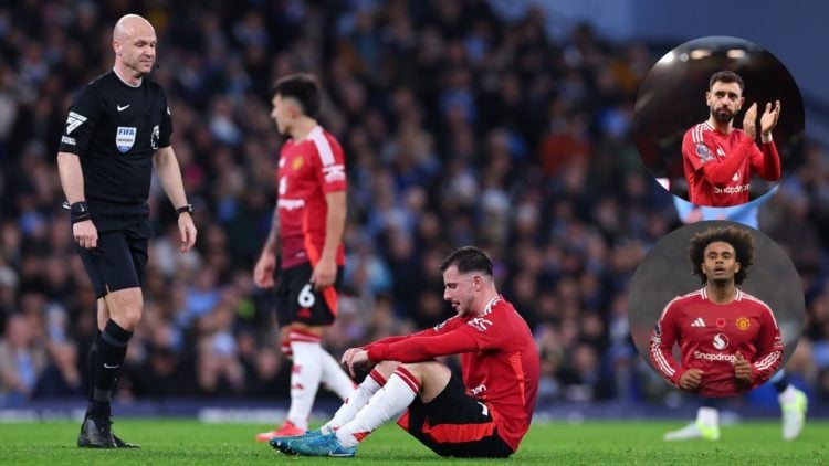 Mason Mount injured with Bruno Fernandes and Joshua Zirkzee inset