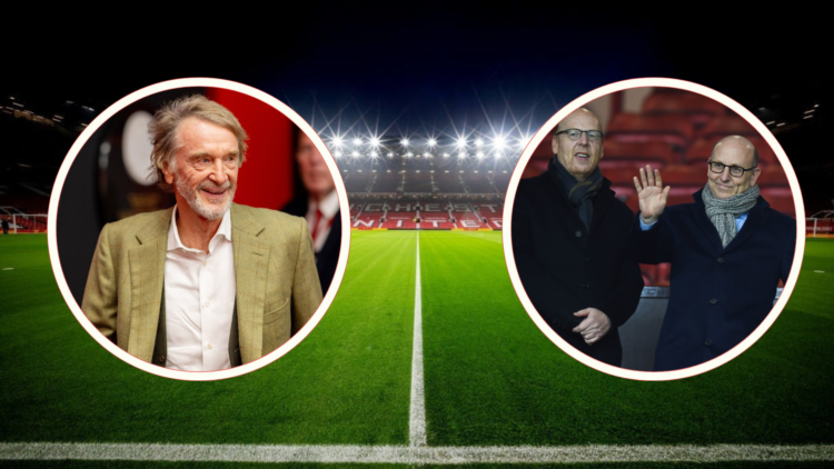 Old Trafford background, Sir Jim Ratcliffe inset, Glazers inset