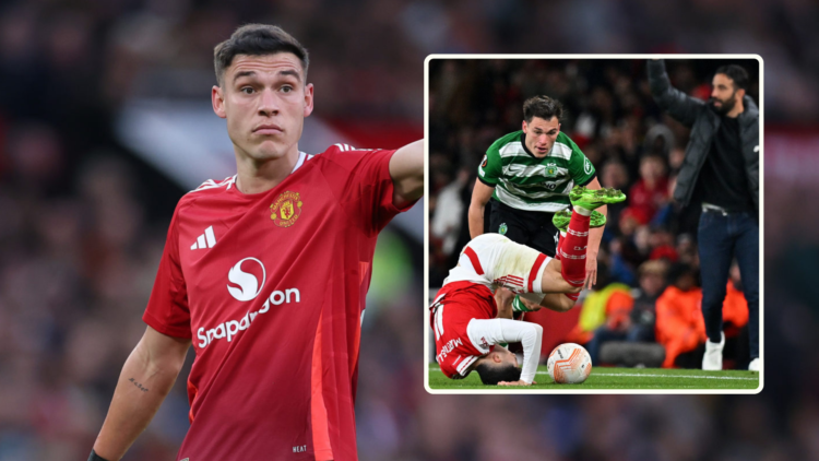 Manuel Ugarte in Manchester United shirt. inset, Ugarte for Sporting tackles Gabriel Martinelli, Ruben Amorim in the background