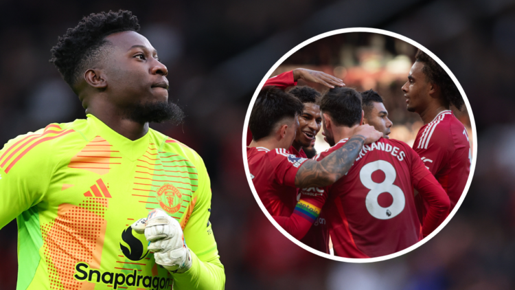 MANCHESTER, ENGLAND - DECEMBER 1: Andre Onana of Manchester United during the Premier League match between Manchester United FC and Everton FC at O...