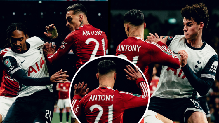 LONDON, ENGLAND - DECEMBER 19: Antony of Manchester United in action during the Carabao Cup Quarter Final match between Tottenham Hotspur and Manch...