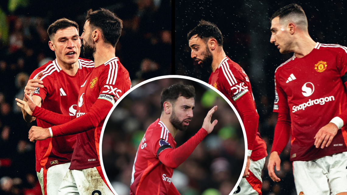 MANCHESTER, ENGLAND - DECEMBER 07: Bruno Fernandes of Manchester United celebrates scoring his team's second goal during the Premier League match b...