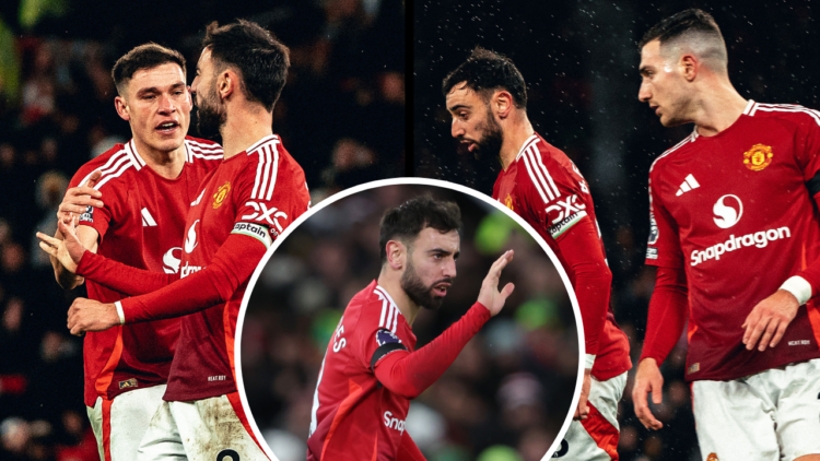 MANCHESTER, ENGLAND - DECEMBER 07: Bruno Fernandes of Manchester United celebrates scoring his team's second goal during the Premier League match b...