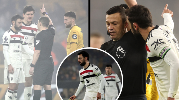 Referee Tony Harrington talls Manchester United's Portuguese midfielder #08 Bruno Fernandes (C) to leave the pitch during the English Premier Leagu...