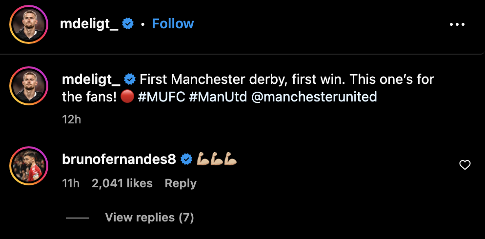 Bruno Fernandes’ reaction to Matthijs de Ligt’s message after Manchester United’s win over Manchester City. Credit: Instagram.