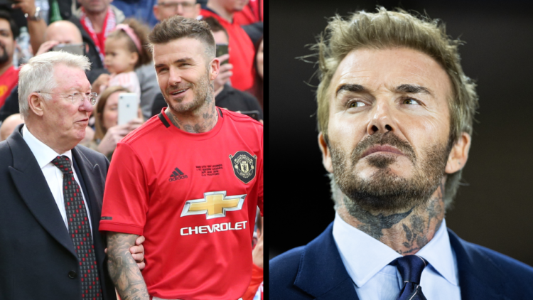 MANCHESTER, ENGLAND - MAY 26: David Beckham of Manchester United '99 Legends walks out with Manchester United '99 Legends Manager Sir Alex Ferguson...