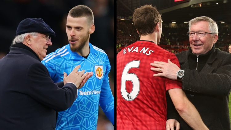 MANCHESTER, ENGLAND - MARCH 01: David De Gea of Manchester United speaks to Sir Alex Ferguson, former manager of Manchester United prior to the Emi...