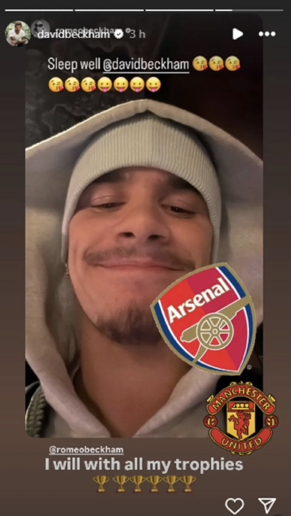 La réponse de David Beckham à Romeo Beckham après la défaite 2-0 de Manchester United contre Arsenal. Crédit : Instagram