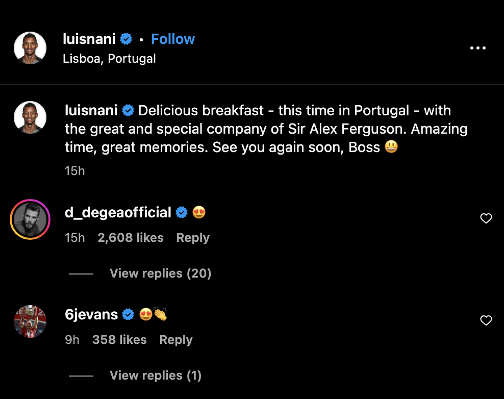 David de Gea and Jonny Evans’ reactions to Sir Alex Ferguson being snapped alongside Manchester United cult hero Nani. Credit: Instagram