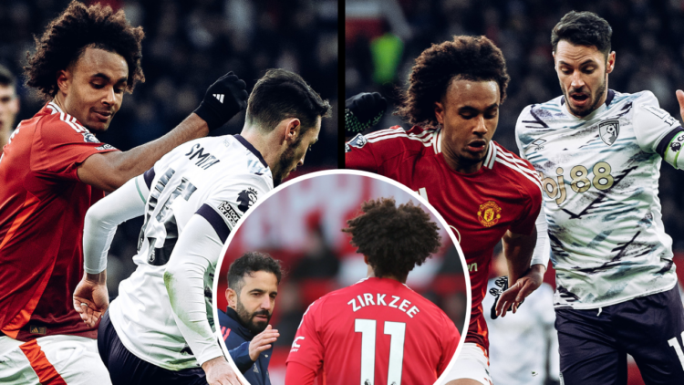 MANCHESTER, ENGLAND - DECEMBER 22: Joshua Zirkzee of Manchester United in action with Adam Smith of AFC Bournemouth during the Premier League match...